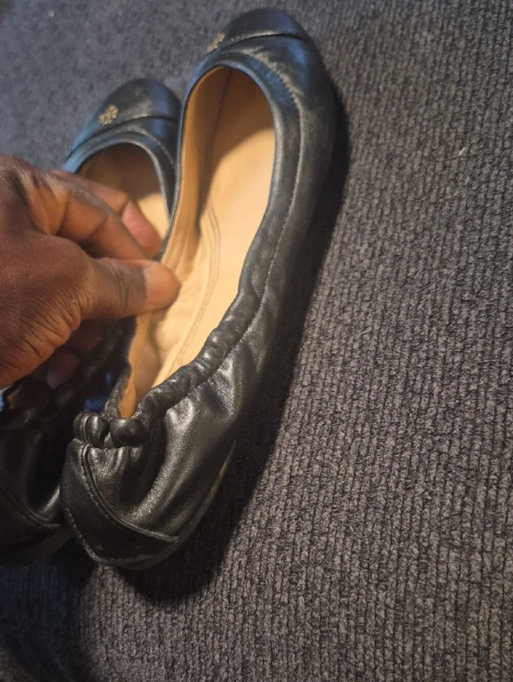 Tory Burch Black Leather Logo Ballet Flats